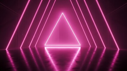 Glowing pink neon triangle in dark room