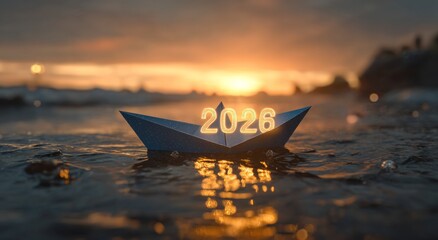 Paper Boat Floating on Water with Illuminated Year 2026 at Sunset