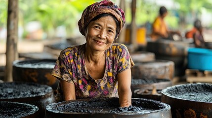 Asian woman working with dark substance in large containers; people working in background