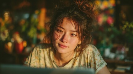 Young woman with natural beauty, soft light, and charming smile
