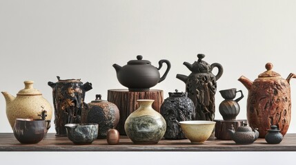 Assorted ceramic teapots and vessels on wooden table against white wall