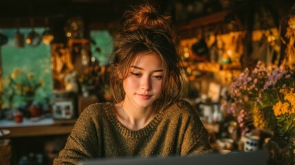 Young woman using laptop in cozy rustic kitchen with plants