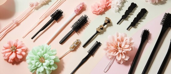 Assorted hair styling tools on pastel background