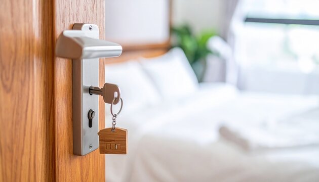 Wooden door slightly ajar reveals a bright hotel room bedroom with a silver handle and a house-shaped wooden key fob dangling invitingly from the inserted silver key
