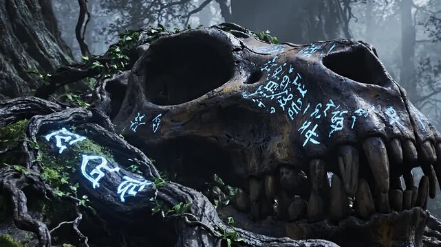Mysterious Fossilized Beast Head with Engraved Symbols on Forest Floor

