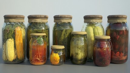 Assorted preserved vegetables and fruits in glass jars; home canning; rustic style; studio shot