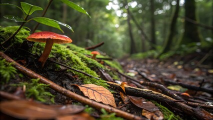 Tropical Forest Floor After Heavy Rain: Extreme close-up of tropical forest floor after heavy rain, glossy wet soil, decomposing leaves, intense moisture, bold colors, dense natural composition.