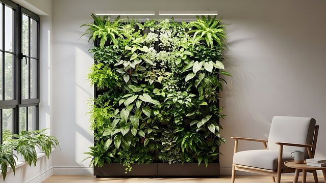 A lush indoor vertical garden wall serves as a living centerpiece in a bright, minimalist room, complemented by a cozy armchair and natural light from a nearby window.
