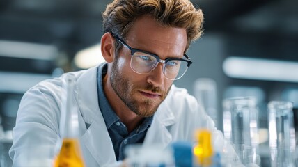 A male chemical engineer in a clean lab coat and safety glasses meticulously performing an experiment in a modern chemical laboratory