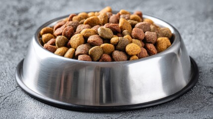 A stainless steel bowl filled with a variety of dry dog kibble in different hues and textures. Perfect image for illustrating pet nutrition, dog food brands, or pet care articles.