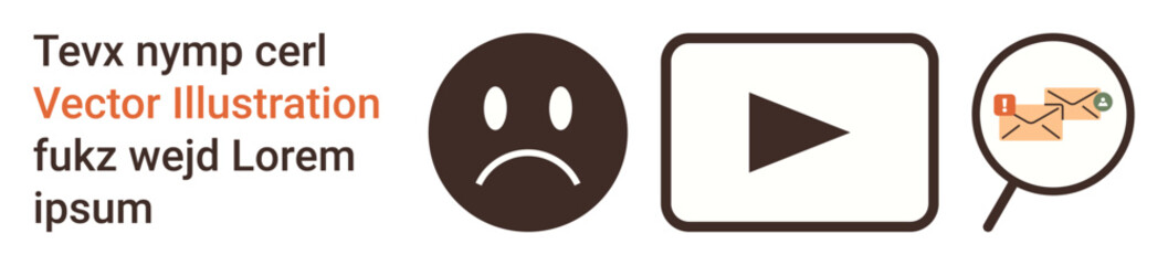 Fototapeta premium Social media, email communication, marketing tools, content creation, user interface design, digital concepts. Sad face, play button envelope in magnifier with placeholder text. Social media