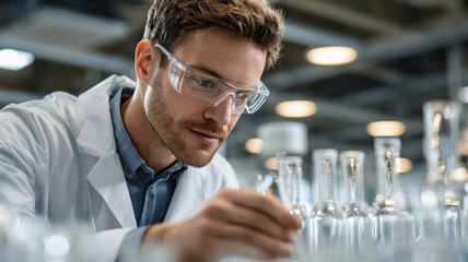 A male chemical engineer in a clean lab coat and safety glasses meticulously performing an experiment in a modern chemical laboratory