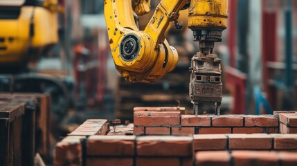 Automated bricklaying robot arm in industrial setting