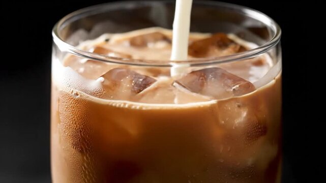 Milk being poured into iced coffee with ice cubes in a glass, condensation visible