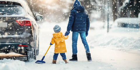 Father and child cleaning snow from car in the morning on the city street. Winter family responsibility concept.