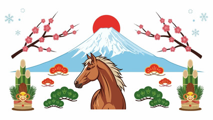 Majestic brown horse portrait with flowing mane in traditional Japanese New Year setting. © Jepry