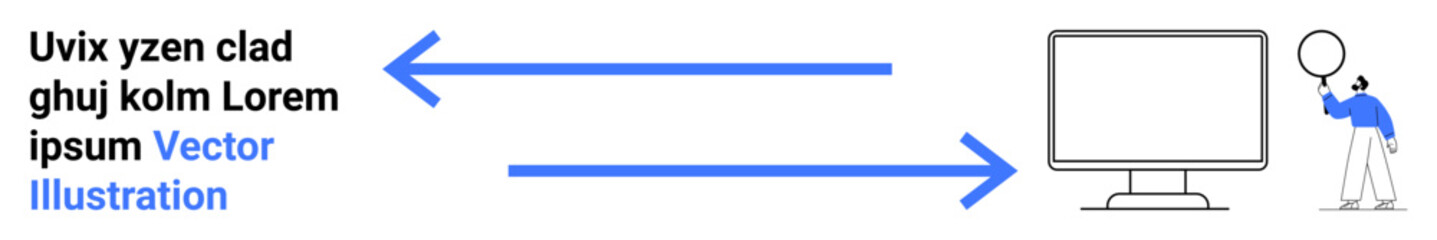 Person observing a computer monitor with large arrows connecting text and screen. Ideal for data flow, communication, technology, research, analysis, education, simple landing page