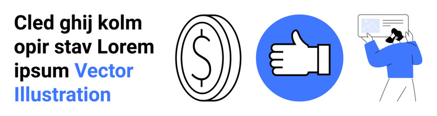 Obraz premium Finance, education, personal growth, social media, approval, decision-making. A dollar symbol, thumbs-up icon and a person studying. Finance and education illustrated clearly