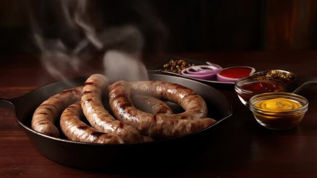 Grilled sausages with condiments in a pan overhead view dark setting