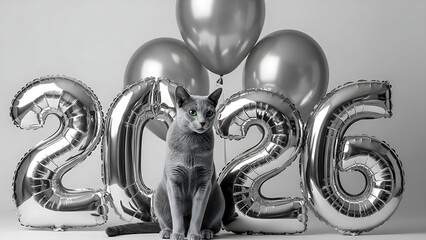 A grey cat sits posing with large silver 2026 foil balloons for a new year celebration.
