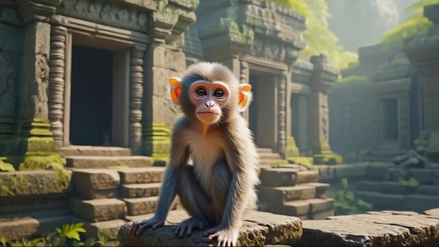 Curious monkey sitting on ancient stone ruins in temple