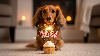 Adorable long-haired dachshund dog poses with 2026 sparkler and cupcake.
