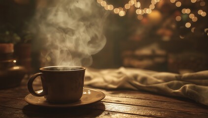 A steaming cup of coffee on the table, a close-up shot with a dark background. the photo is taken from an angle that highlights the steam rising off the hot drink and its elegant ceramic mug.