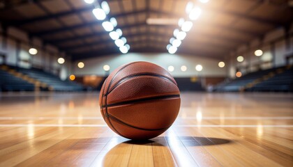 A basketball sits alone on a polished indoor court with bright overhead lighting and empty stands