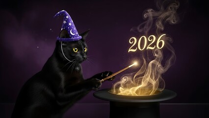 Black cat wizard conjures glowing 2026 from a magic top hat.