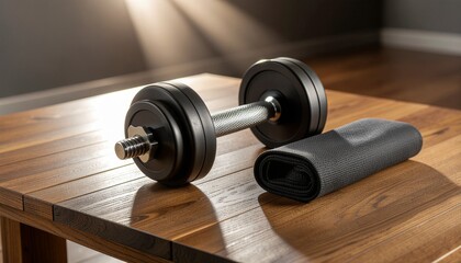 A black dumbbell and a rolled mat on a wooden table, ready for a home workout session.