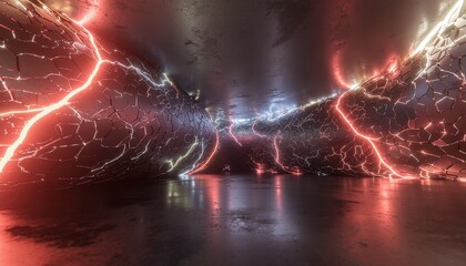 Abstract dark tunnel with glowing red and yellow energy cracks on the walls and reflective floor, creating an intense futuristic atmosphere.