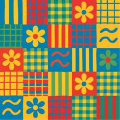 patchwork of joy; 25 squares bloom with flowers, stripes, and grids in radiant retro rhythm