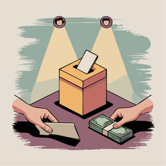 ballot or bribe; hands, money, and votes collide beneath spotlights of influence and political tension