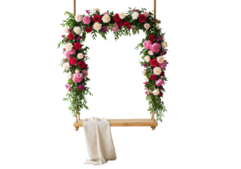 Rustic wooden bench swing, linen seat, braided ropes, adorned with vibrant pink, fuchsia, red, white flowers and foliage, in minimalist studio, romantic floral elegance