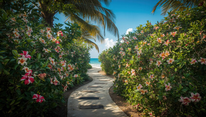 Tropical garden path to beach with frangipani flowers and palm trees