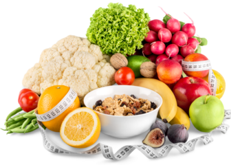 Diet weight loss breakfast concept with tape measure, fruit and cereal