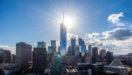 Fototapeta premium Sunlit modern city skyline with reflective skyscraper and dynamic clouds