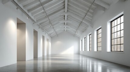 A minimalist, white, empty hall with high ceilings and polished concrete floors, perfect for mockups.