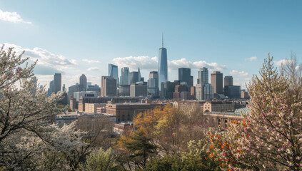 Obraz premium Spring skyline with blooming trees and soft sunlight creating serene urban springtime mood