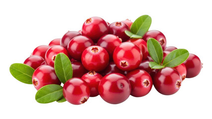 A collection of fresh, vibrant red cranberries with green leaves