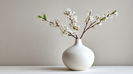 A minimalist white vase with a single branch of delicate white blossoms, against a clean white wall, minimalist still life.