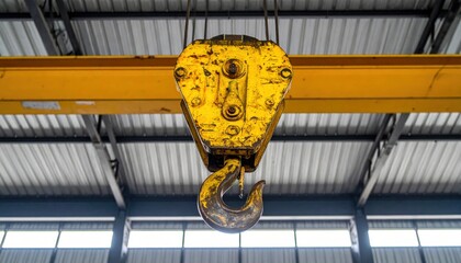 Heavily used industrial overhead crane hook assembly painted bright yellow hangs ready for lifting heavy materials inside a large warehouse or factory setting