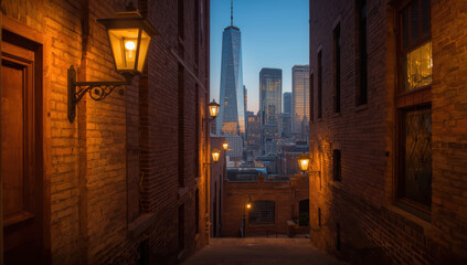 Fototapeta premium Historic brick alleyway framed by warm lanterns leading to modern city skyline dusk with calm