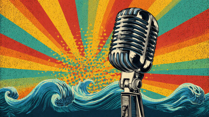Pop art 60s psychedelic colorful trippy retro style image of a vintage microphone music coming out of it with beach ocean waves dance party summer rave ambience atmosphere groovy big band background