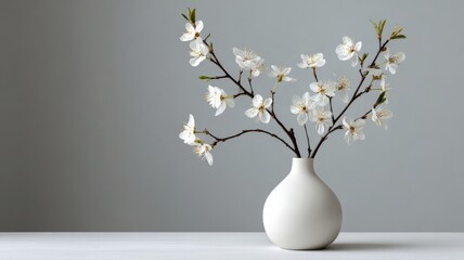 A minimalist white vase with a single branch of delicate white blossoms, against a clean white wall, minimalist still life.