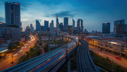 City skyline at dusk with elevated train curving into modern downtown, moody light