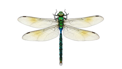 Vibrant dragonfly with transparent wings hovering