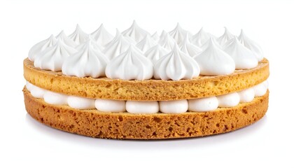 Layered cake with white cream filling and meringue topping, on white backdrop