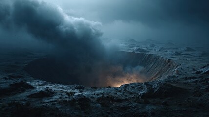 A missile impact crater, still smoking, eerie silence, cinematic desolation.
