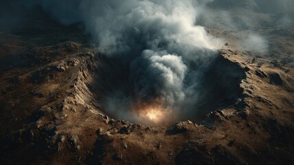 A missile impact crater, still smoking, eerie silence, cinematic desolation.